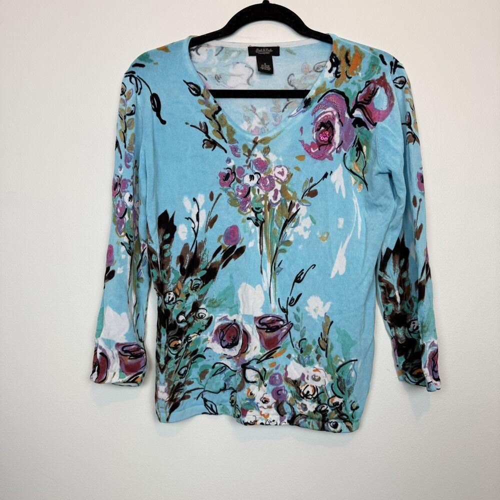 Peck & Peck beaded floral blouse casual relaxed bright embellished MD